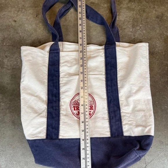 Trader Joes Canvas Tote Bag Navy Blue Cream Red Embroidered Logo Reusable Market - Picture 6 of 6